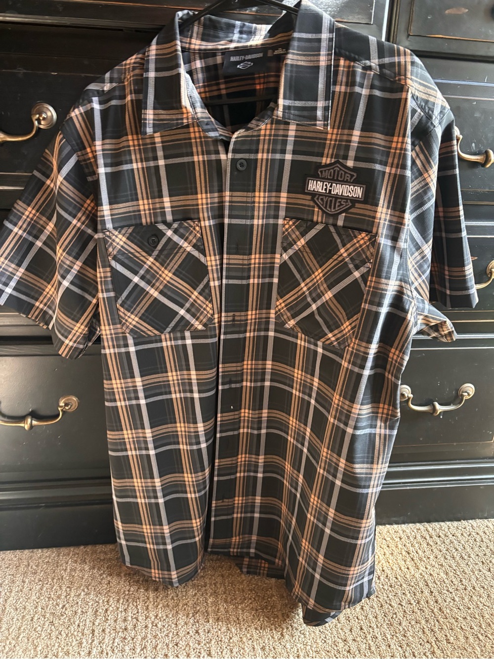 Harley-Davidson Black and Tan Plaid Short Sleeve Button-Up Shirt